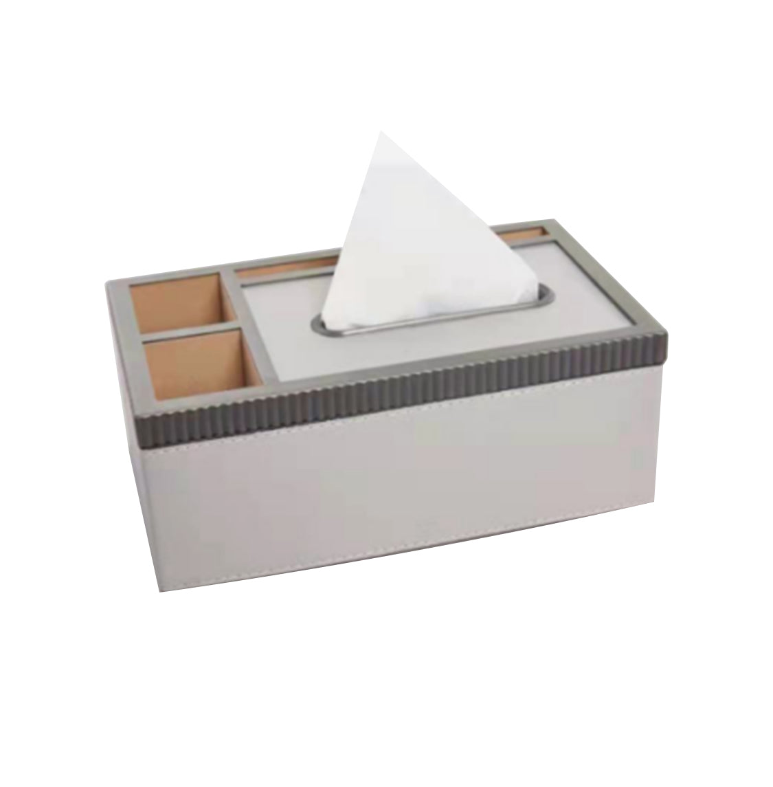 Light gray leather tissue box with storage