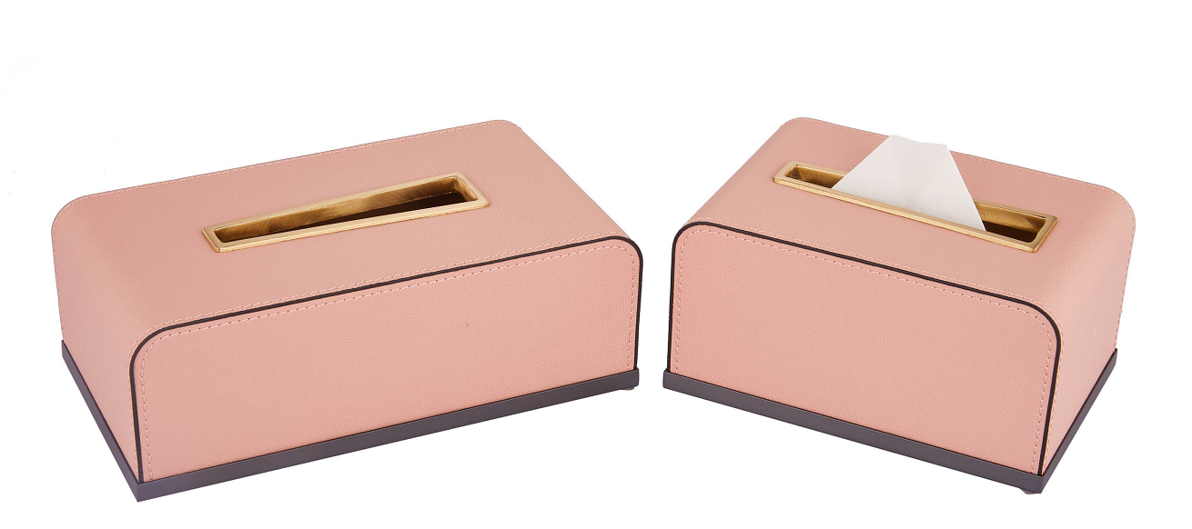 Pink leather tissue box with storage