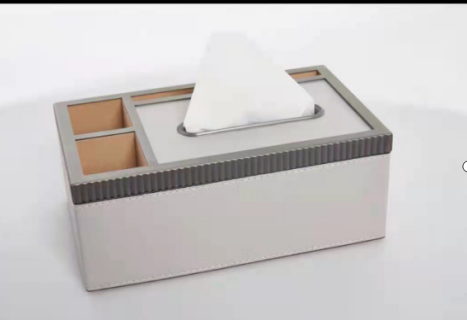 Light gray leather tissue box with storage