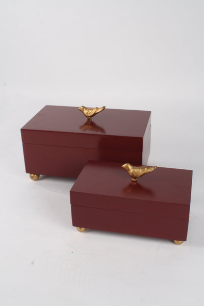 Gold Wren Burgundy Wooden Jewelry Box