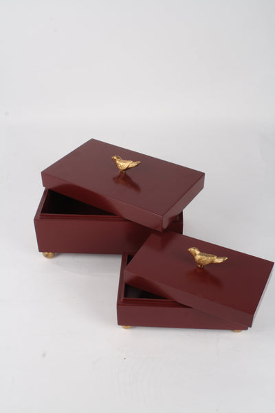Gold Wren Burgundy Wooden Jewelry Box